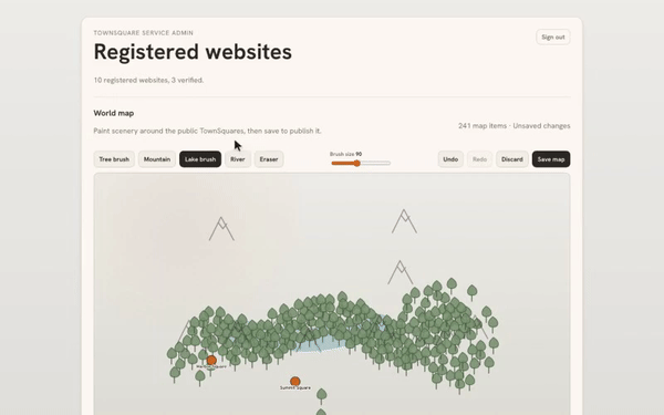 Use map painting tools (Tree brush, Mountain, Lake brush, River, Eraser)